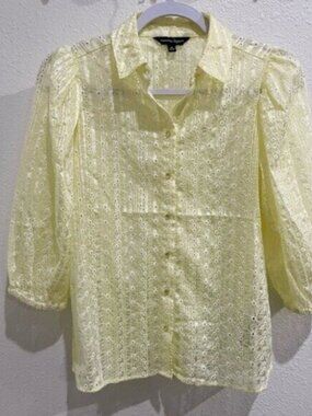 Nanette Lepore Embroidered Floral Dainty Yellow Button Top Puff Sleeve Boho